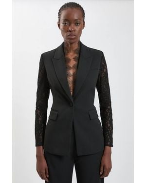 Karen Millen Compact Stretch Lace Mix Tailored Single Breasted Blazer - Black