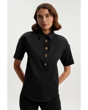 Karen Millen Techno Cotton Woven Short Sleeve Hardwear Detail Shirt - Black
