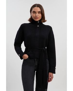 Karen Millen Cable Knit Belted Funnel Neck Jacket - Black