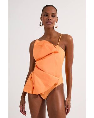 Karen Millen Drama Ruffle Strappy High Leg Swimsuit - Orange