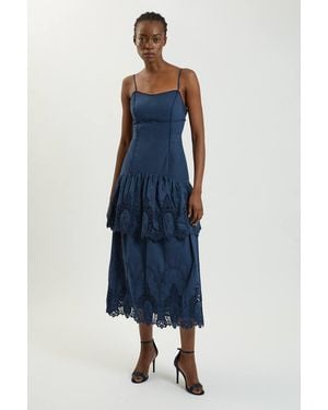 Karen Millen Cotton Cutwork Strappy Woven Midi Dress - Blue