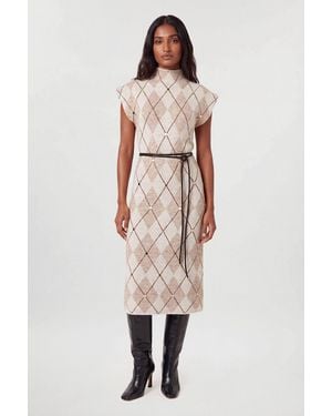 Karen Millen Studded Argyle Wool Blend Cosy Knit Belted Midi Dress - Natural