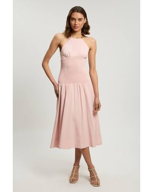 Karen Millen Shirred V Neck Trim Detail Woven Midi Dress - Pink