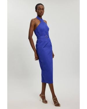 Karen Millen Tailored Cotton Sateen Pencil Belted Midi Dress - Blue