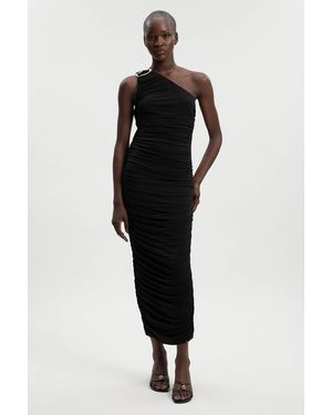 Karen Millen One Shoulder Drapey Crepe Trim Detail Ruched Maxi Dress - Black