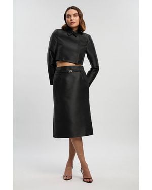 Karen Millen Petite Forever Satin Twill Belted Tailored Midi Skirt - Black