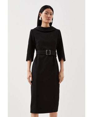 Karen Millen Petite Tailored Structured Crepe Roll Neck Pencil Midi Dress - Black