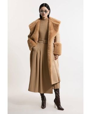 Karen Millen Faux Shearling Collar & Cuff Belted Midi Coat - Natural