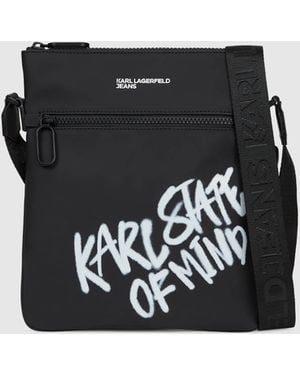 KL Jeans Sac À Bandoulière Plat En Tissu Enduit Avec Citation Karl, Homme, Taille - Noir