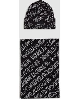 KL Jeans Geschenkset Aus Schal Und Mütze Mit Logo, Damen, Größe - Schwarz