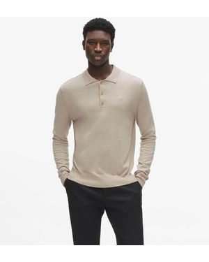 KARL LAGERFELD Merino Wool Long-Sleeved Polo Shirt - Natural