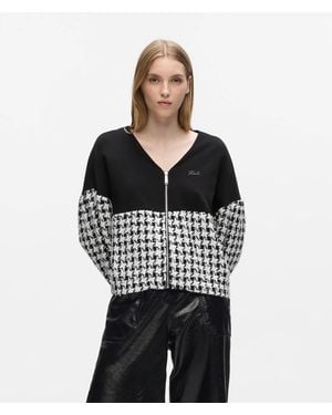 KARL LAGERFELD Houndstooth Panel Zip-Up Sweatshirt - Black