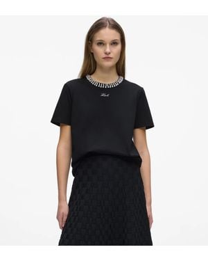 KARL LAGERFELD Faux-Pearl Neck T-Shirt - Black