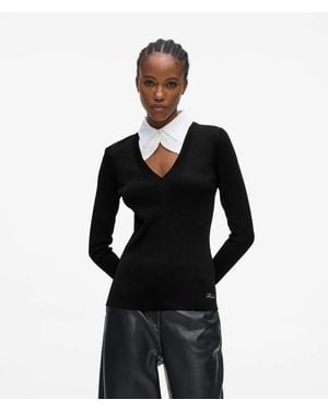 KARL LAGERFELD Contrast Collar Knit Polo Shirt - Black