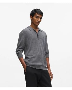 KARL LAGERFELD Merino Wool Long-Sleeved Polo Shirt - Grey