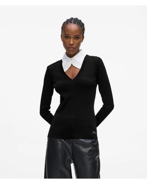 KARL LAGERFELD Contrast Collar Knit Polo Shirt - Black