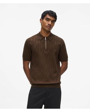 KARL LAGERFELD Monogram Zip-Up Polo Shirt - Brown