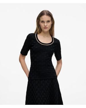 KARL LAGERFELD Faux-Pearl Neck Knit Top - Black