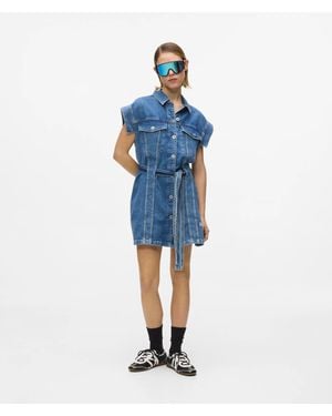 KL Jeans Short-Sleeved Belted Denim Dress - Blue