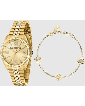 KARL LAGERFELD Round Logo Watch And Heart Charm Bracelet Set - Metallic