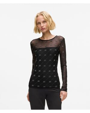 KARL LAGERFELD Rhinestone Autograph Mesh Top - Black
