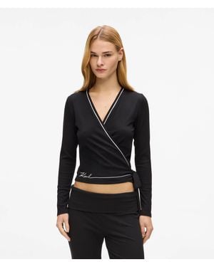 KARL LAGERFELD Signature Loungewear Wrap Top - Black