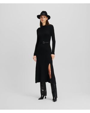 Karl Lagerfeld Long-Sleeved Belted Knit Dress - Black