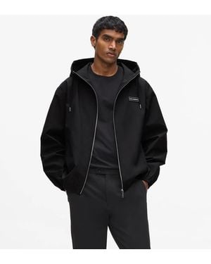 KARL LAGERFELD Hooded Logo Patch Zip-Up Jacket - Black