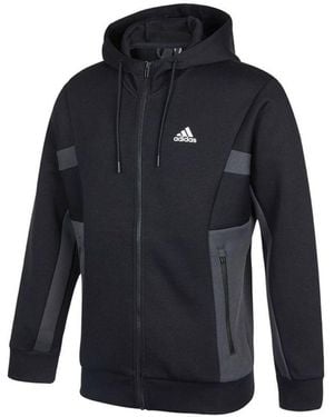 adidas St Kn Spcr Jkt Contrasting Colors Pocket Knit Sports Hooded Logo Jacket - Blue