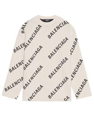 Balenciaga All Over Logo Crewneck Wool Knit Jumper - Natural