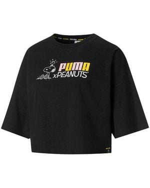 PUMA (Wmns) X Peanuts Crossover Embroidered Logo Round Neck Loose Short Sleeve - Black