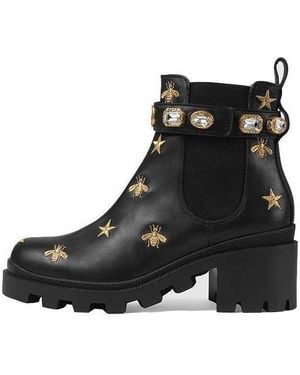 Gucci (Wmns) Stars And Bee Embroidered Leather Ankle Boot With Belt - Black