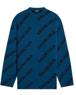 Balenciaga All Over Logo Crewneck Wool Knit Jumper 'Petrol' - Blue