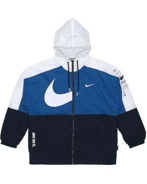 Nike Sportswear Swoosh Contrast Colour Stitching Sports Hooded Woven Jacket - Blue