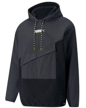 PUMA Fleece Lined Casual Drawstring Hooded Splicing Pullover - Blue
