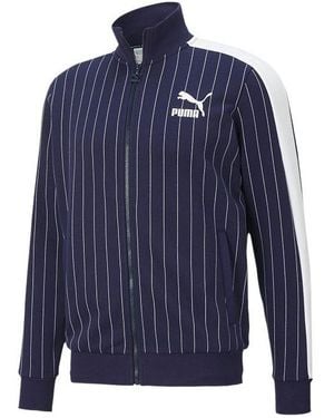 PUMA Pinstripe Cardigan Casual Stand Collar Fleece Lined Jacket - Blue