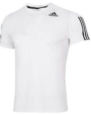 adidas Solid Colour Stripe Logo Micro Mark Athleisure Casual Sports Round Neck Short Sleeve - White