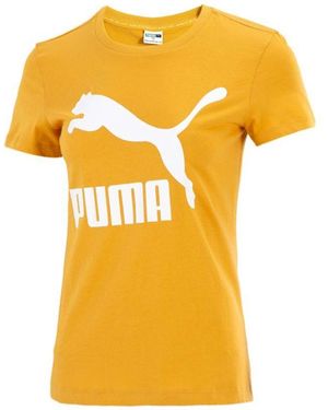 PUMA (Wmns) Classic Logo Printing Round Necksport Short Sleeve - Yellow