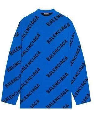 Balenciaga All Over Logo Crewneck Wool Knit Jumper - Blue