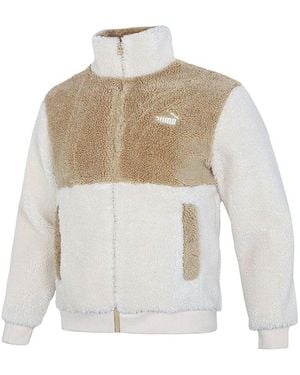 PUMA Colourblock Lamb's Wool Stay Warm Sports Stand Collar Logo Jacket - White