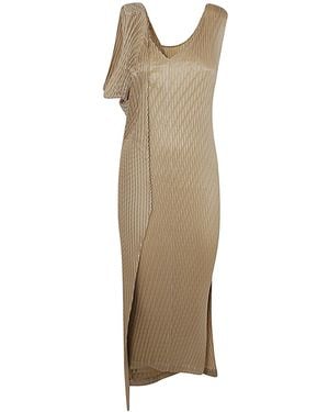 Issey Miyake Wrapped Suede-Like Pleats Dress - Natural