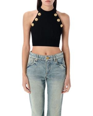 Balmain 6-Button Knit Halterneck Mini Top - Black
