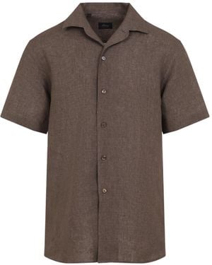 Brioni Regular Fit Shost Sleeves Linen Shirt - Brown