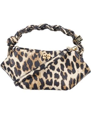 Ganni Mini Leopard Print Handbag With Braided Handle - White