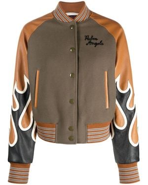 Palm Angels Burning Flames Leather Varsity Jacket - Brown
