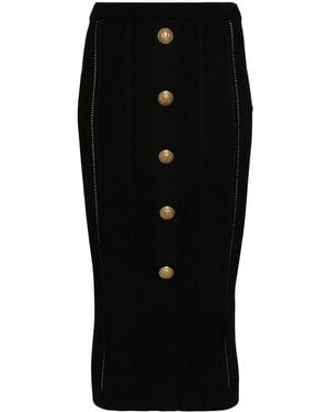 Balmain High Waist Five Button See Through Knit Midi Skirt - Black