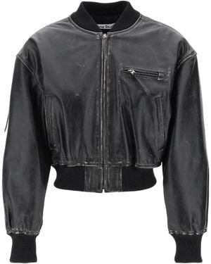 Acne Studios Aged Leather Bomber Jacket With Distressed Treatment - Black