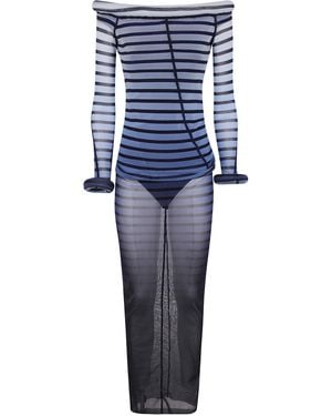 Jean Paul Gaultier Elegant Mesh Boat Neck Long Dress With 3D Collar And Cuff - Blue