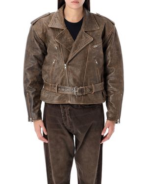 R13 Exaggerated Shoulder Motorcycle Jacket - Brown