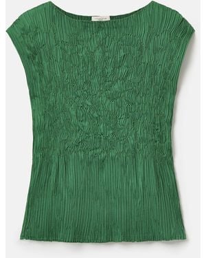 Lafayette 148 New York Satin Plisse Smocked Sleeveless Blouse - Green